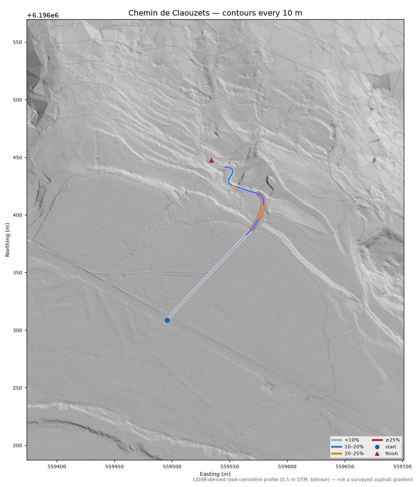 Chemin de Claouzets LiDAR hillshade map with contours