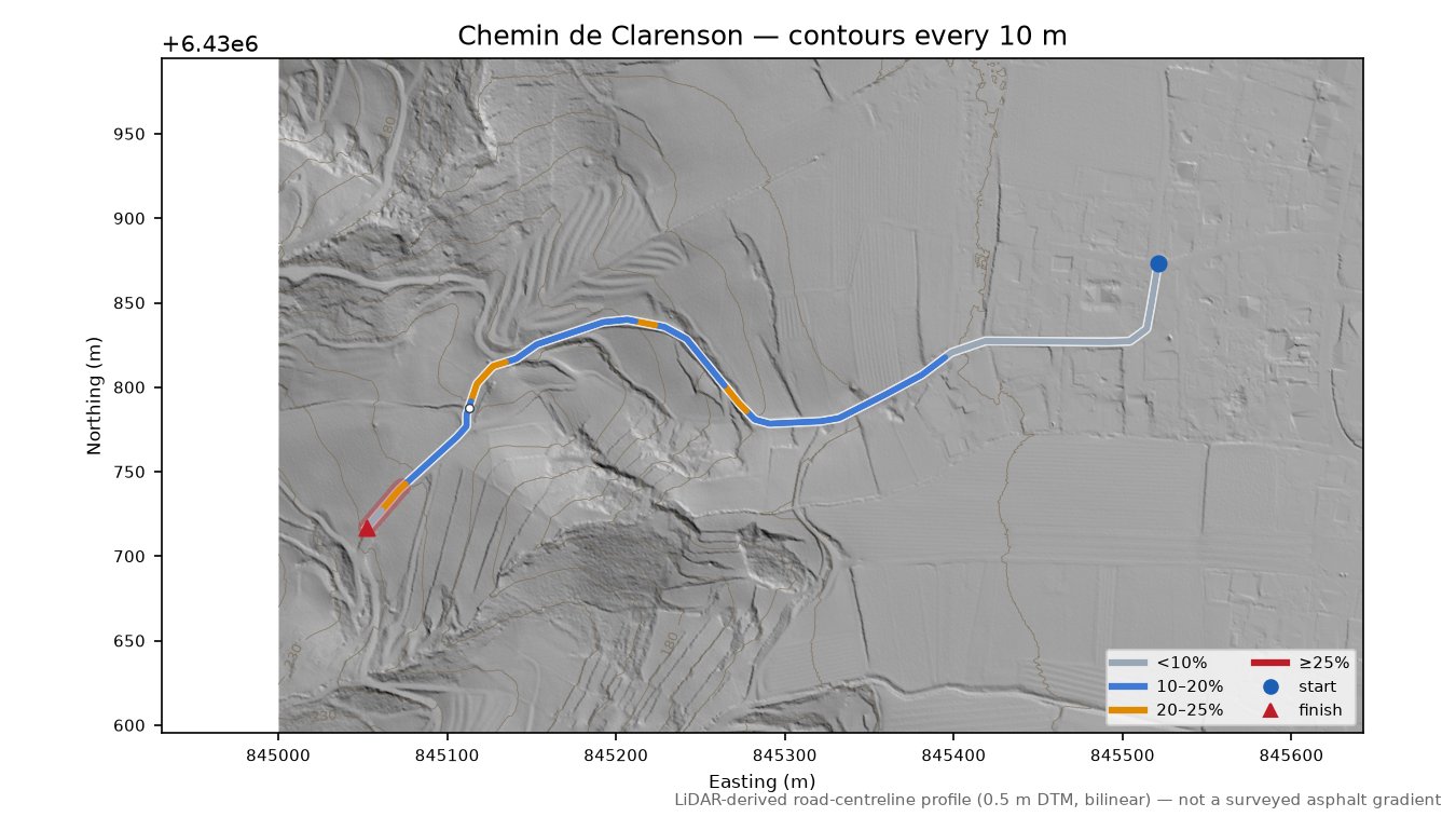 Chemin de Clarenson LiDAR hillshade map with contours