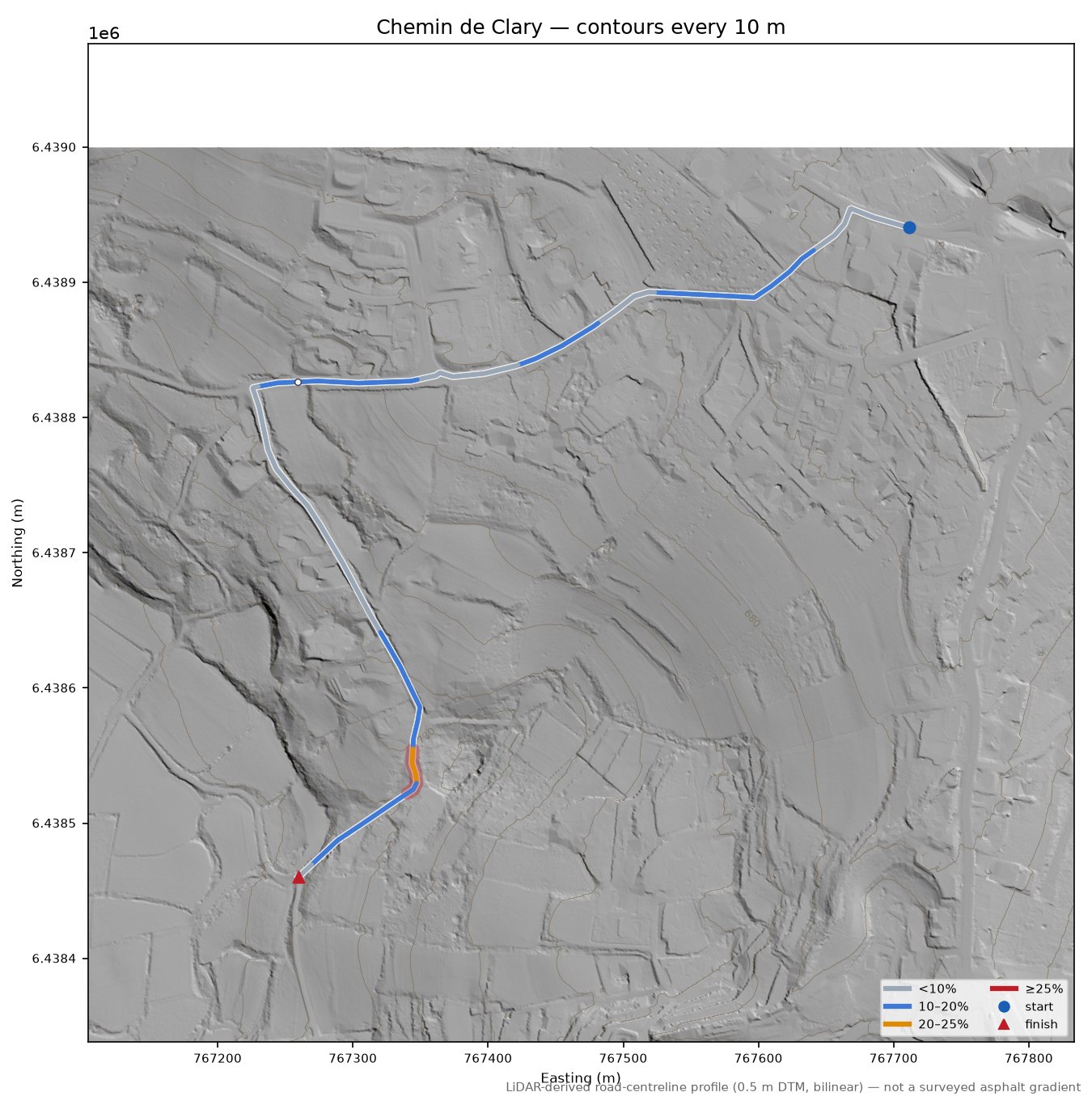 Chemin de Clary LiDAR hillshade map with contours
