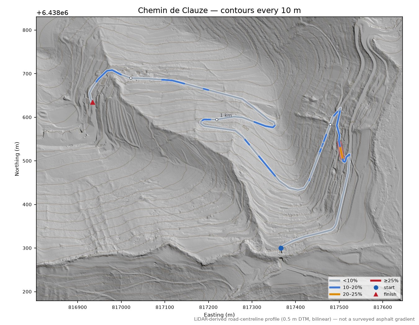 Chemin de Clauze LiDAR hillshade map with contours