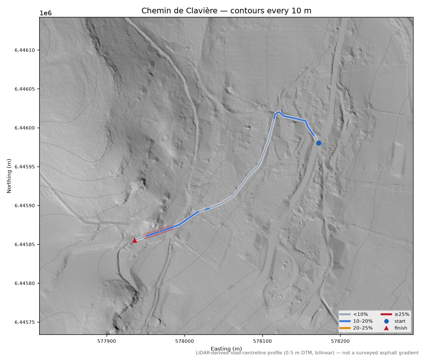 Chemin de Clavière LiDAR hillshade map with contours