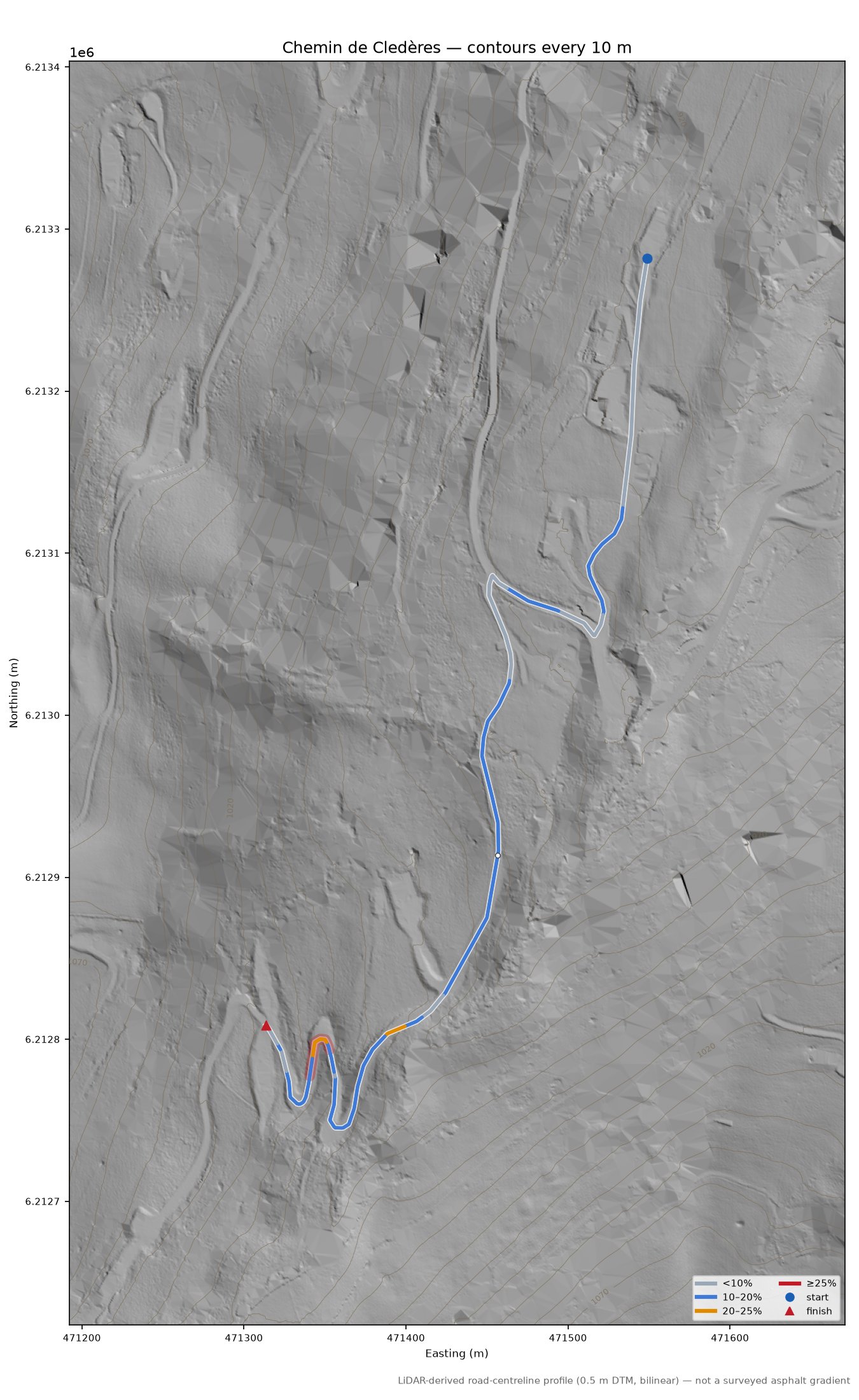 Chemin de Cledères LiDAR hillshade map with contours