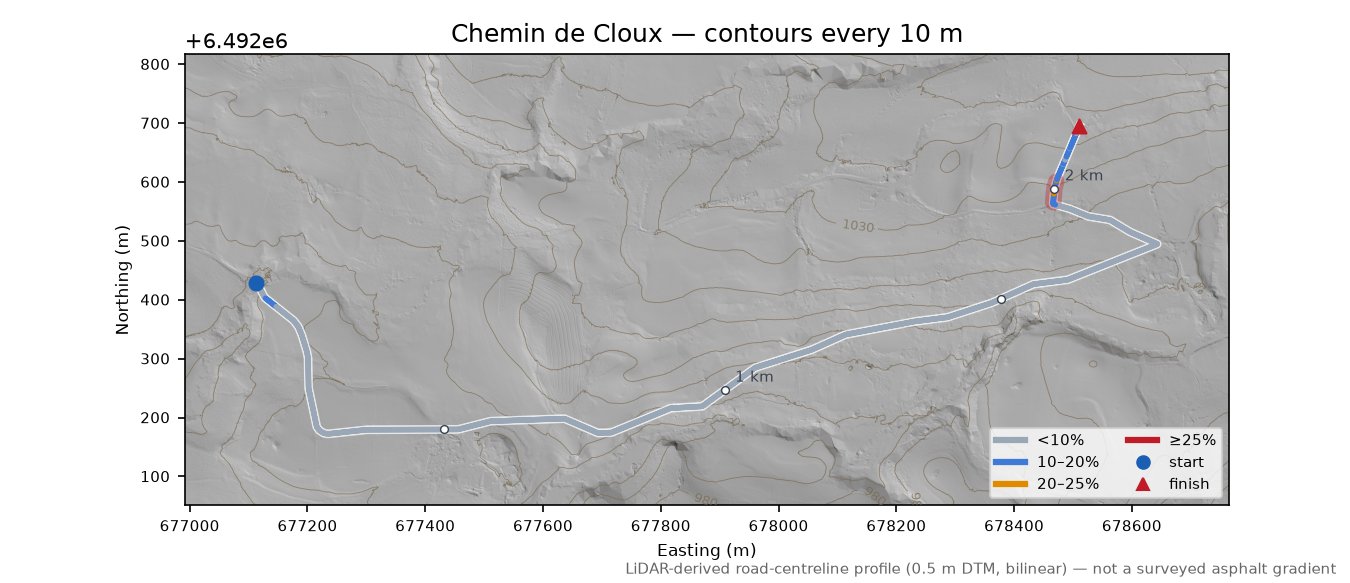 Chemin de Cloux LiDAR hillshade map with contours