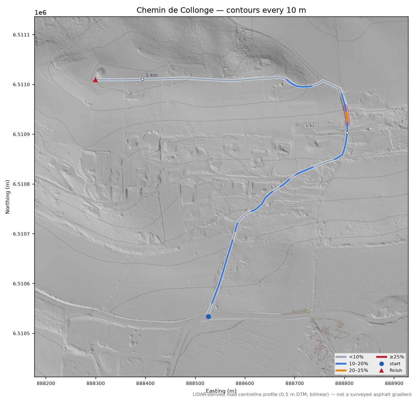 Chemin de Collonge LiDAR hillshade map with contours