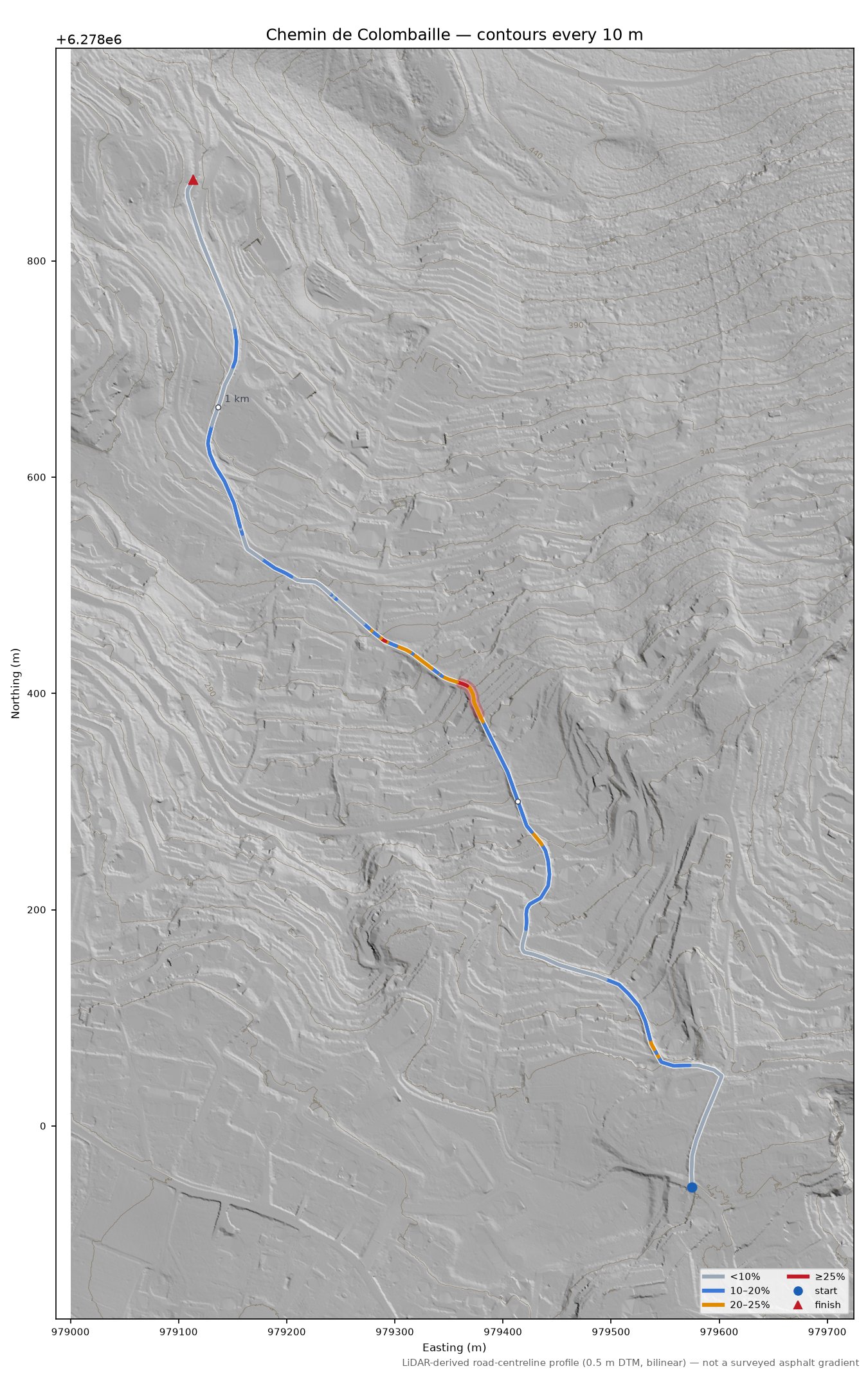 Chemin de Colombaille LiDAR hillshade map with contours