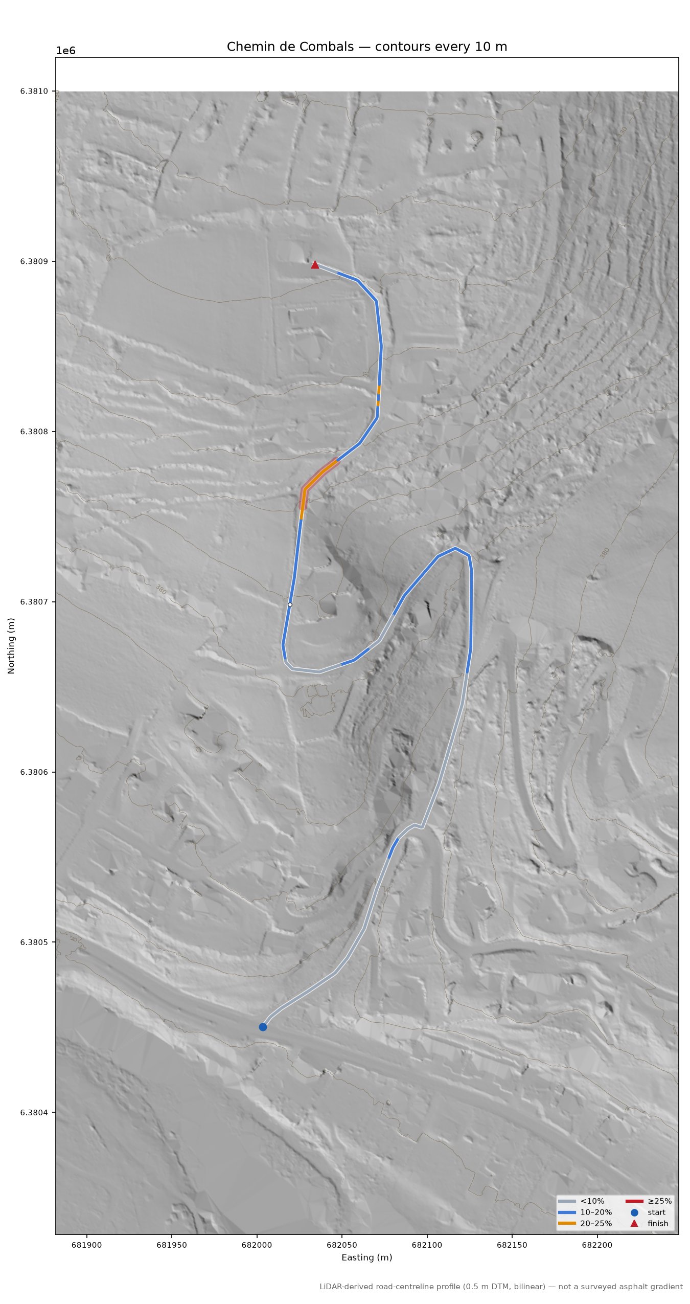 Chemin de Combals LiDAR hillshade map with contours