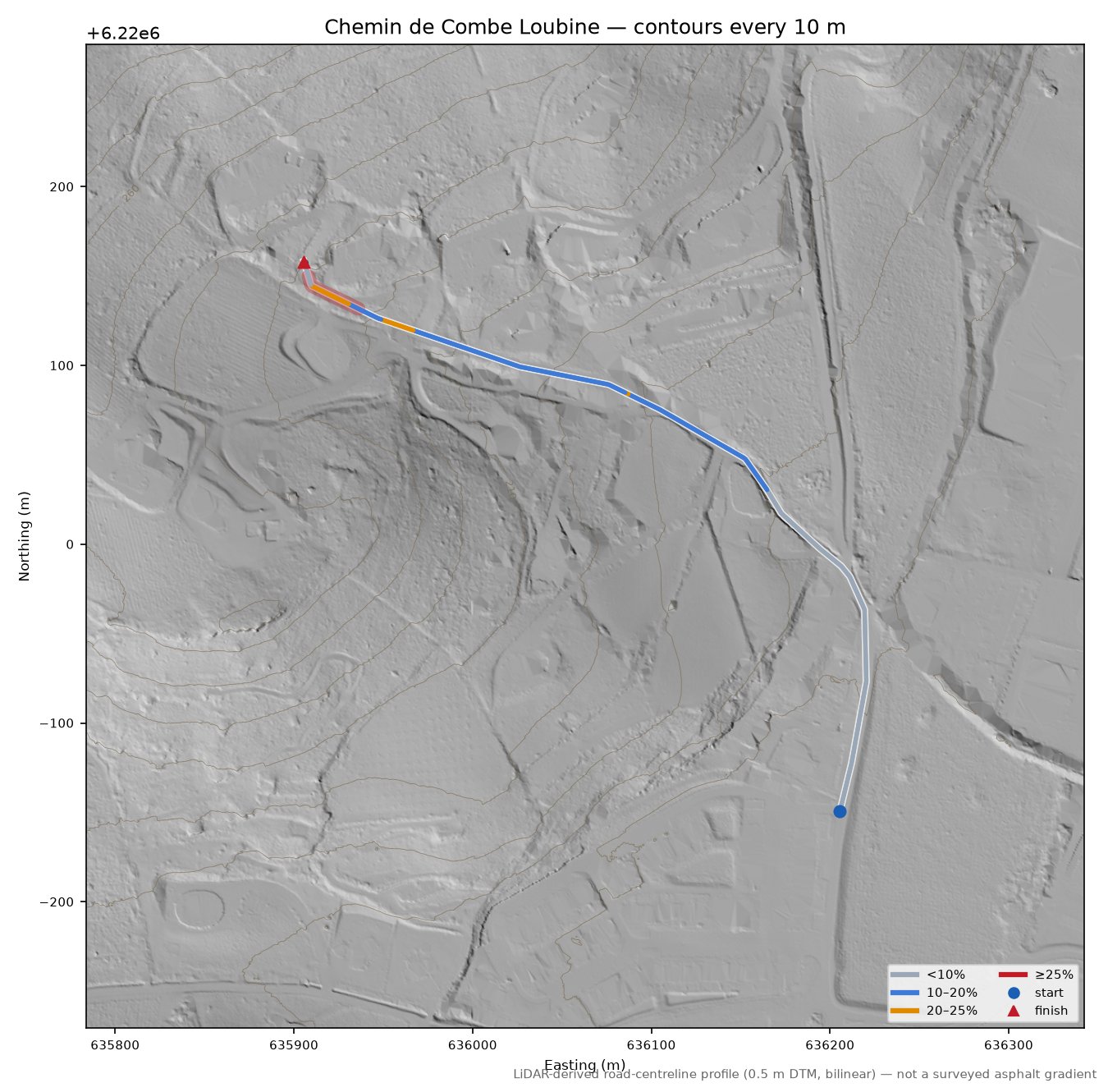 Chemin de Combe Loubine LiDAR hillshade map with contours