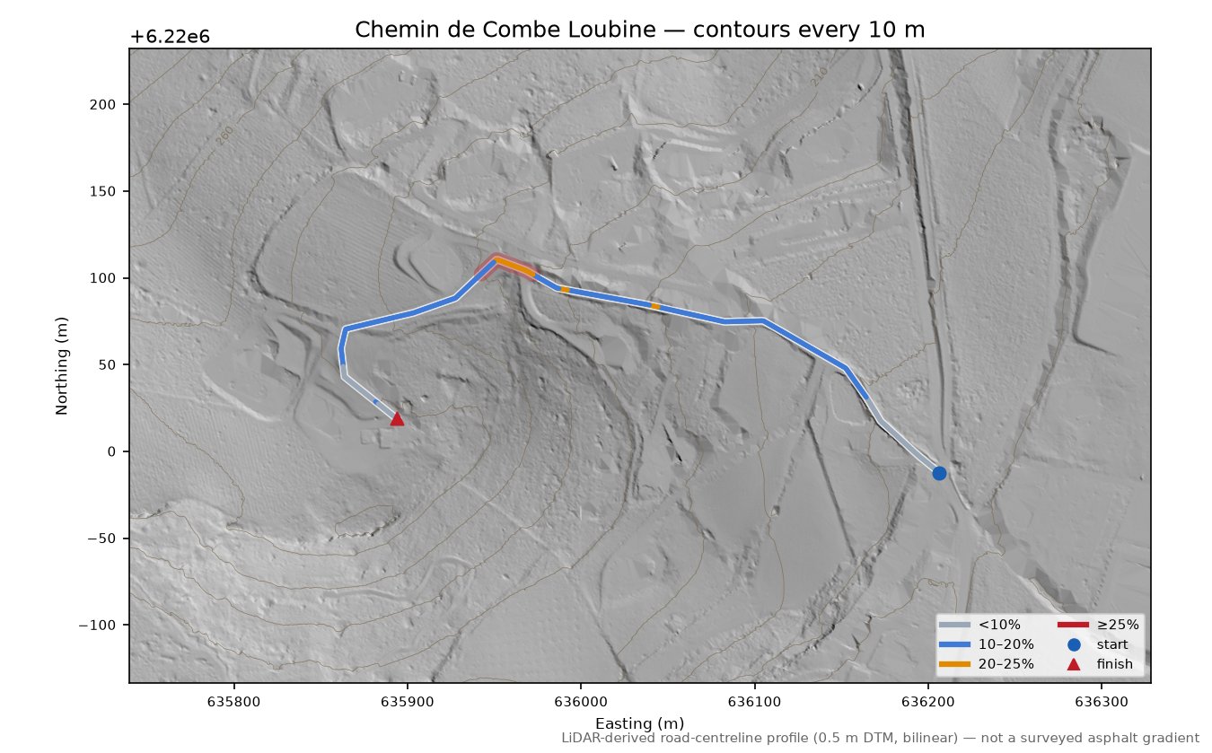 Chemin de Combe Loubine LiDAR hillshade map with contours