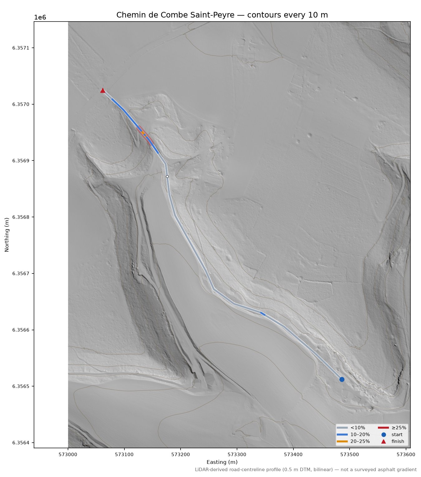 Chemin de Combe Saint-Peyre LiDAR hillshade map with contours
