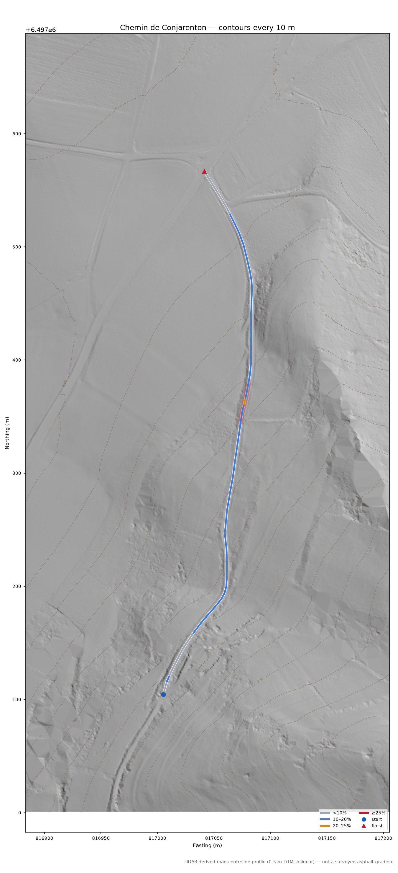Chemin de Conjarenton LiDAR hillshade map with contours