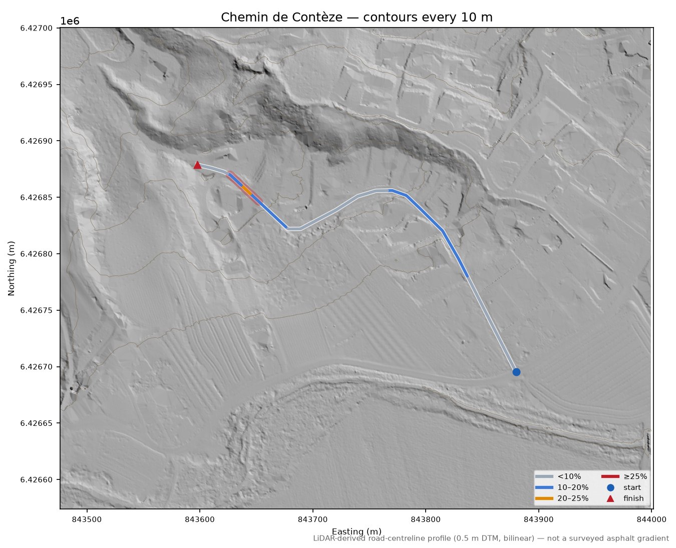 Chemin de Contèze LiDAR hillshade map with contours