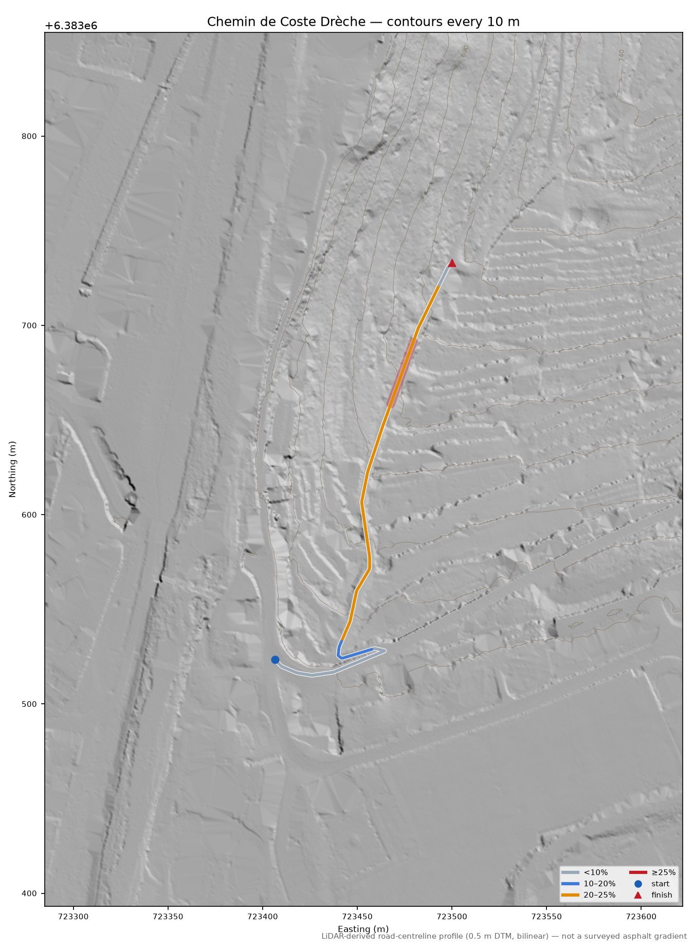 Chemin de Coste Drèche LiDAR hillshade map with contours