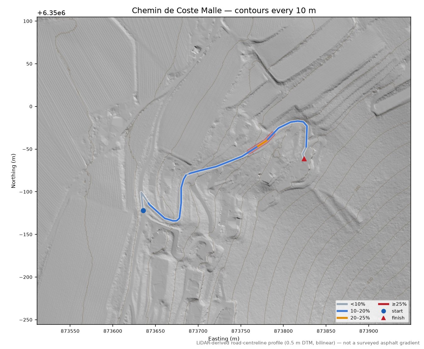 Chemin de Coste Malle LiDAR hillshade map with contours