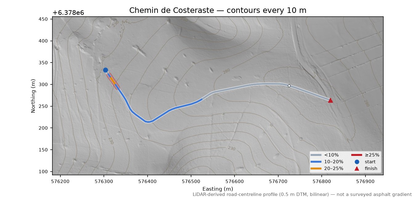 Chemin de Costeraste LiDAR hillshade map with contours