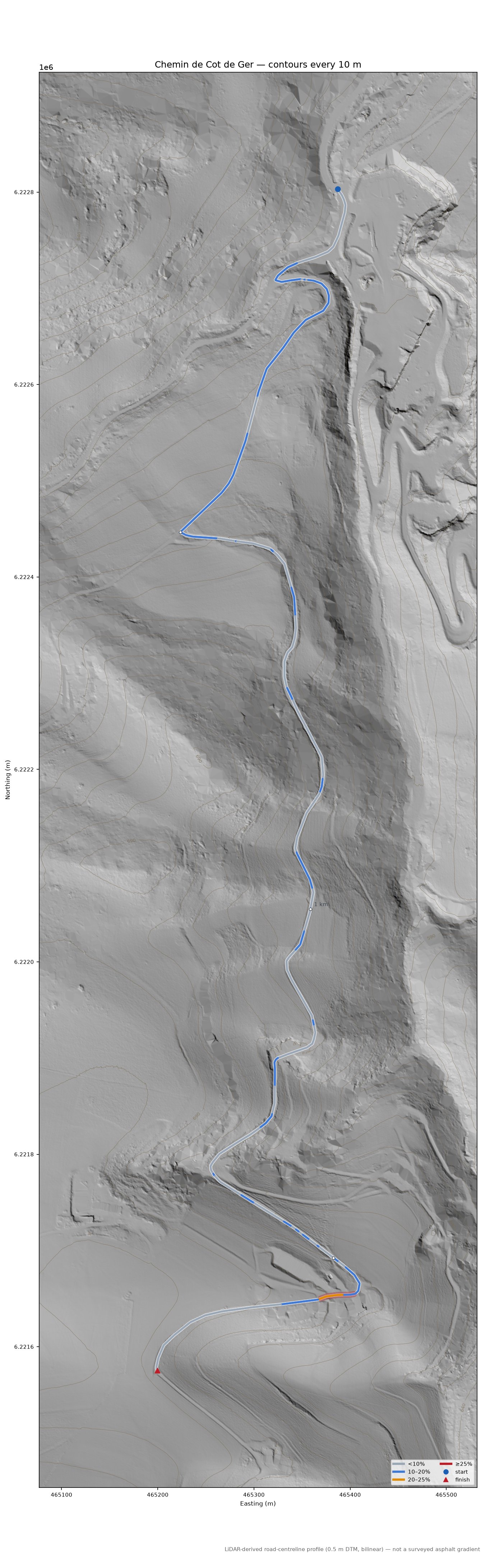 Chemin de Cot de Ger LiDAR hillshade map with contours