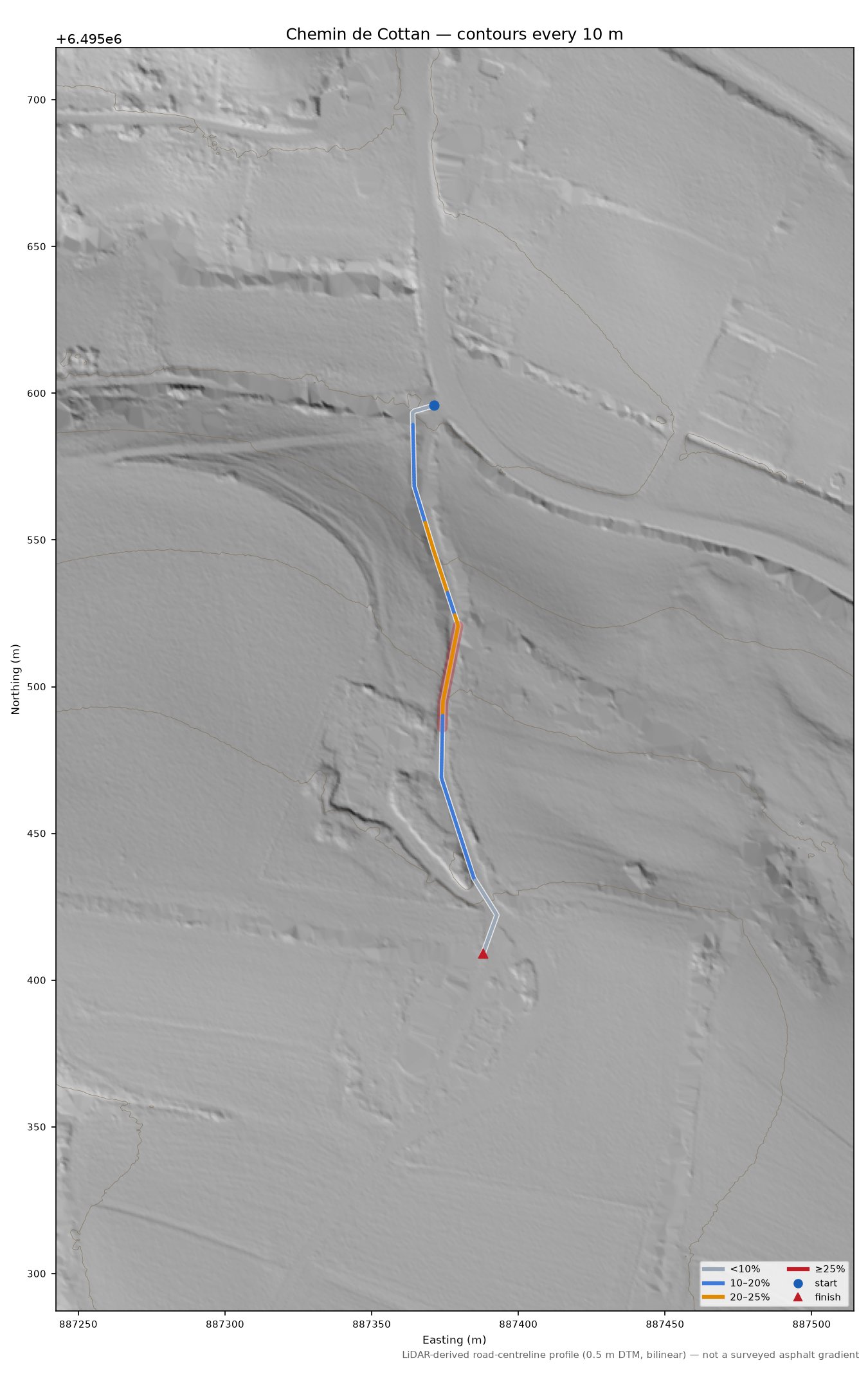 Chemin de Cottan LiDAR hillshade map with contours