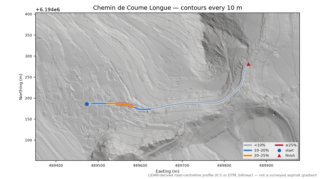 Chemin de Coume Longue LiDAR hillshade map with contours