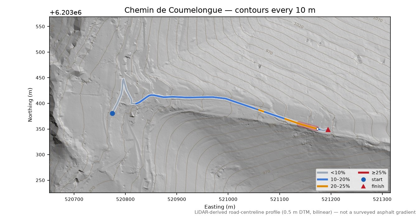 Chemin de Coumelongue LiDAR hillshade map with contours