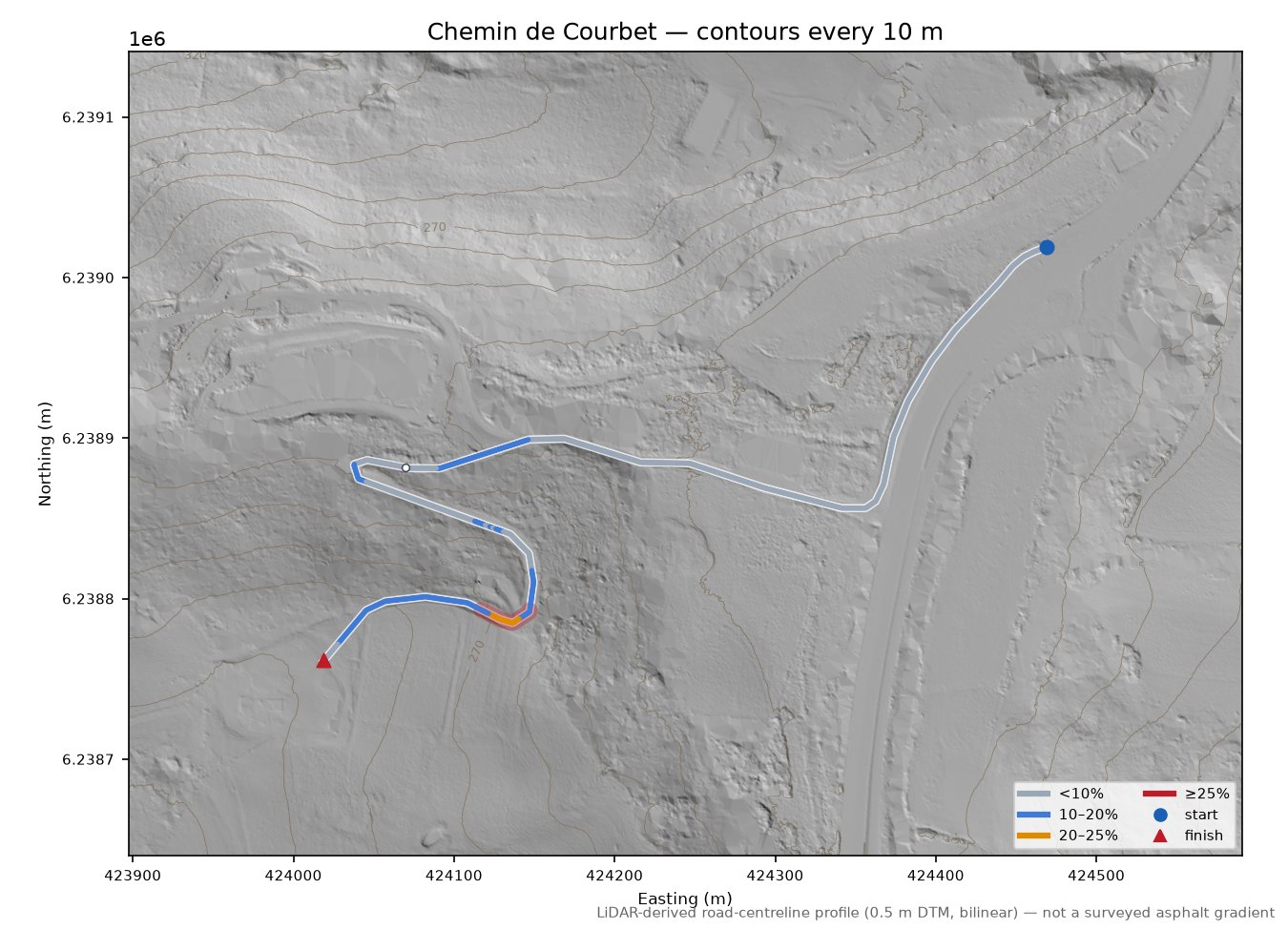 Chemin de Courbet LiDAR hillshade map with contours