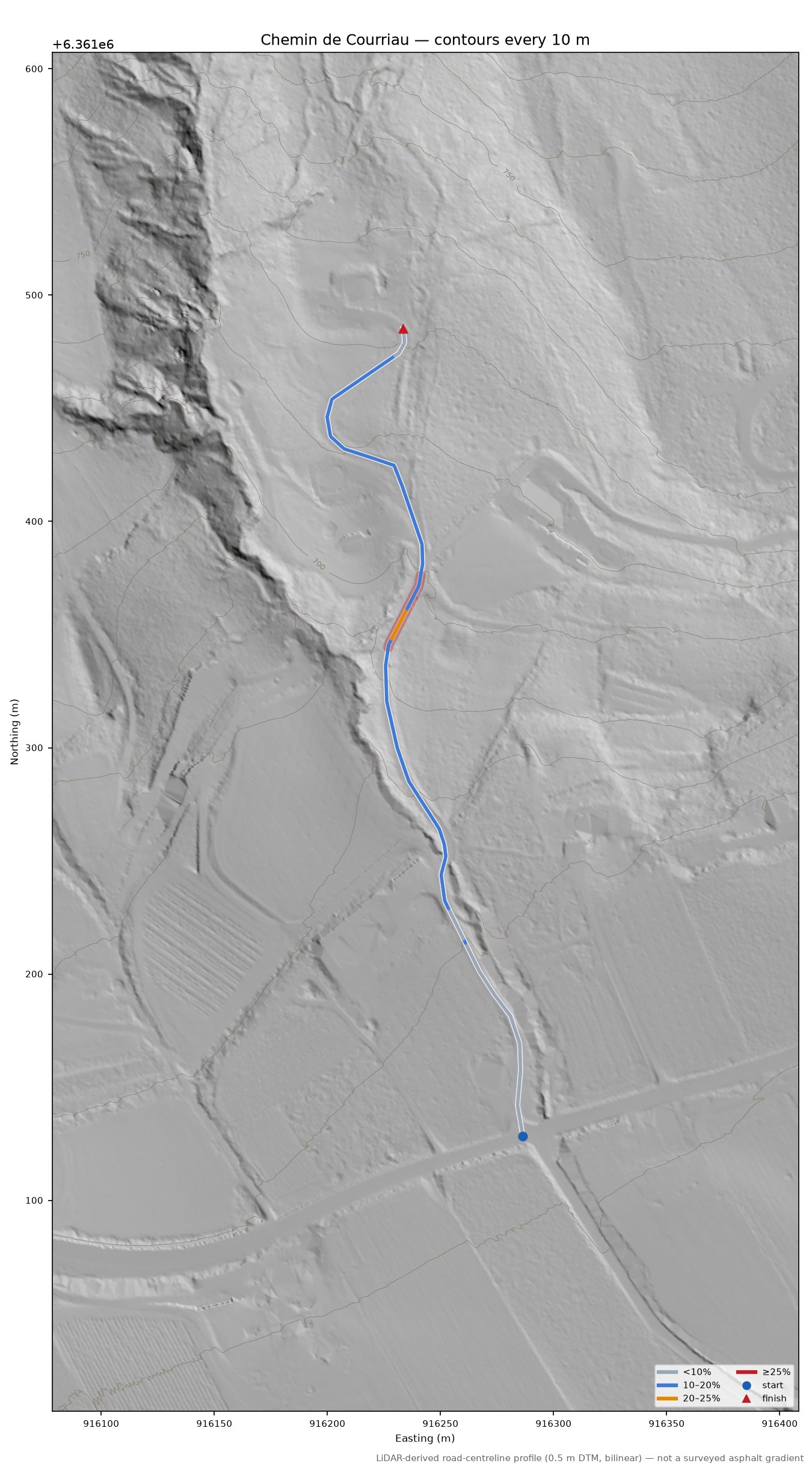 Chemin de Courriau LiDAR hillshade map with contours