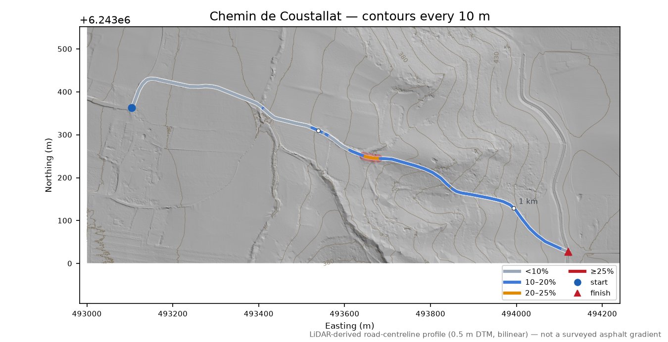 Chemin de Coustallat LiDAR hillshade map with contours