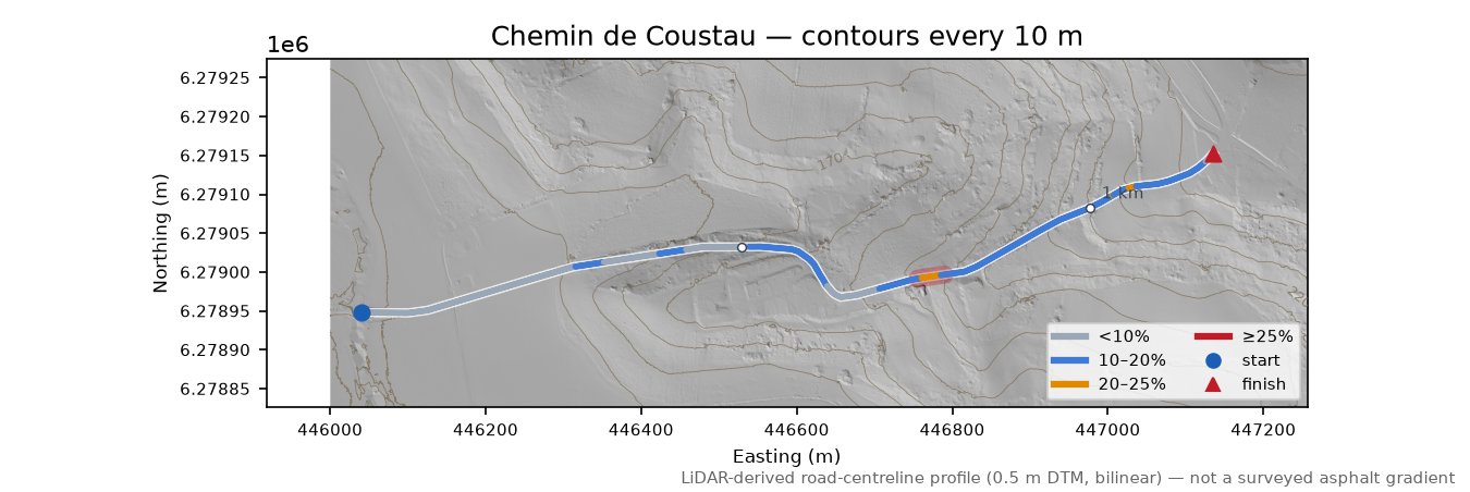 Chemin de Coustau LiDAR hillshade map with contours