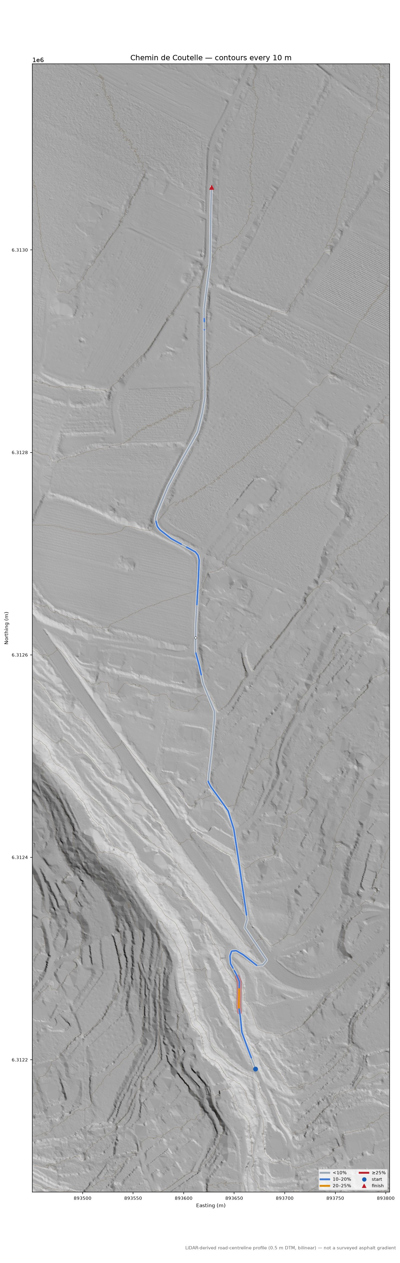 Chemin de Coutelle LiDAR hillshade map with contours