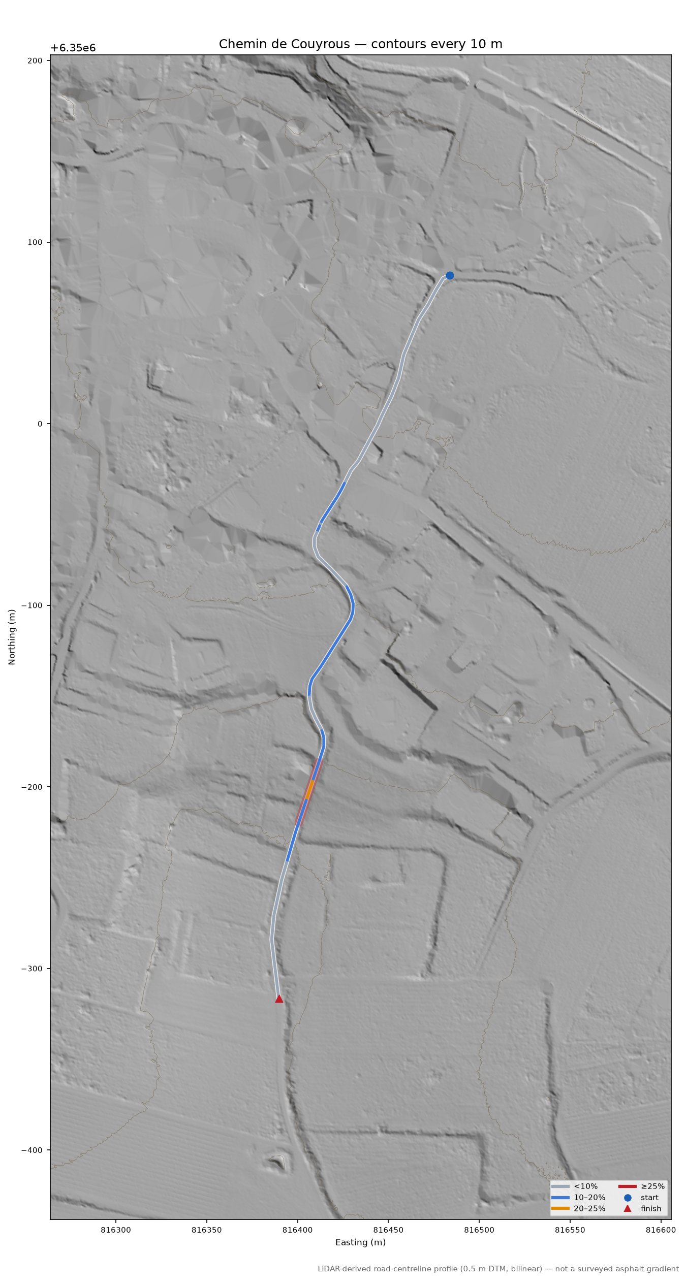 Chemin de Couyrous LiDAR hillshade map with contours