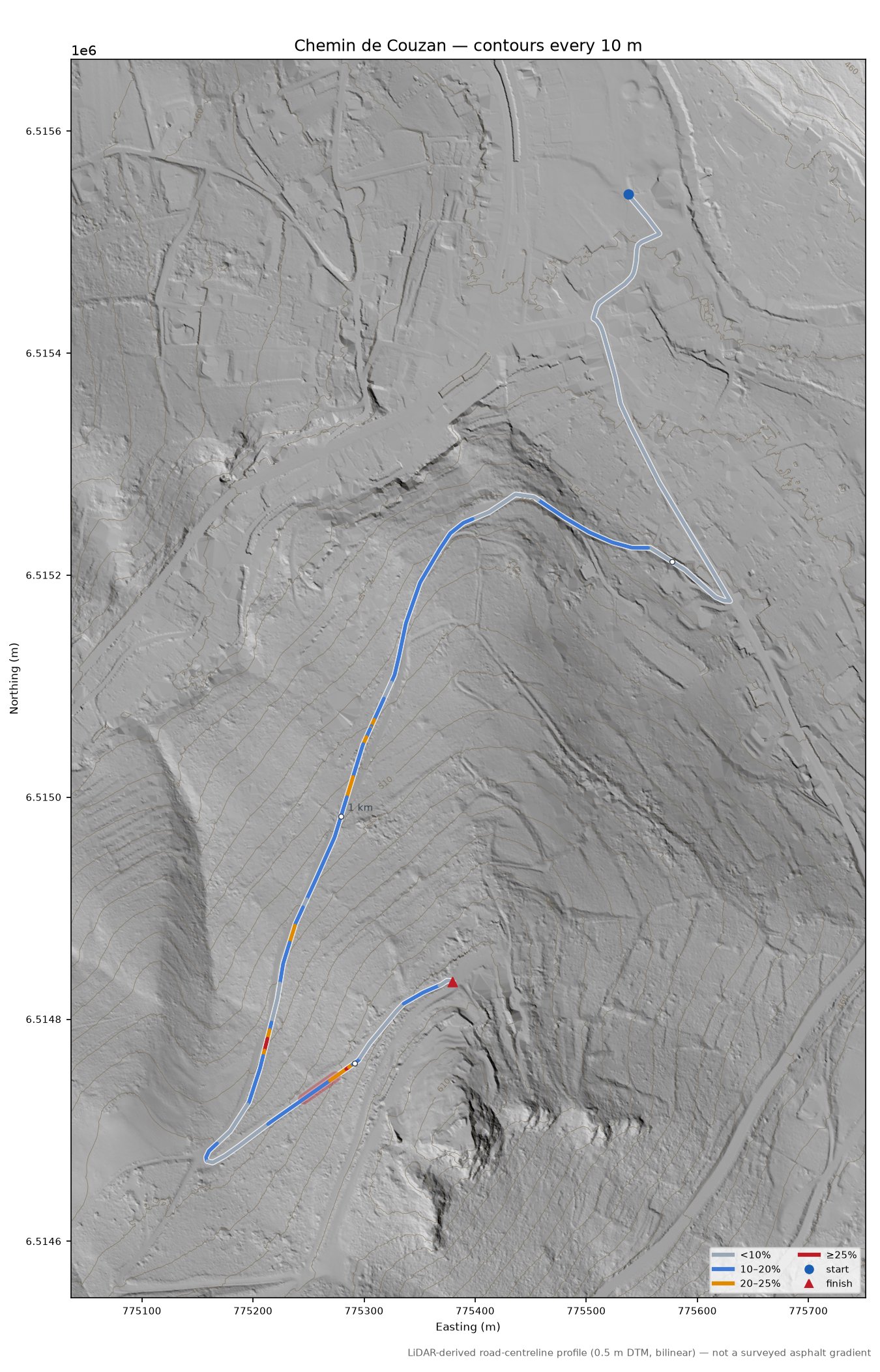 Chemin de Couzan LiDAR hillshade map with contours