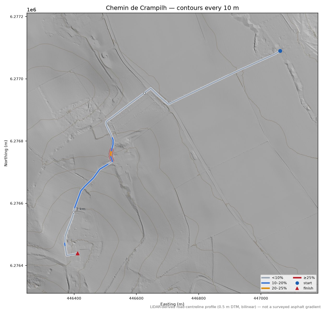 Chemin de Crampilh LiDAR hillshade map with contours