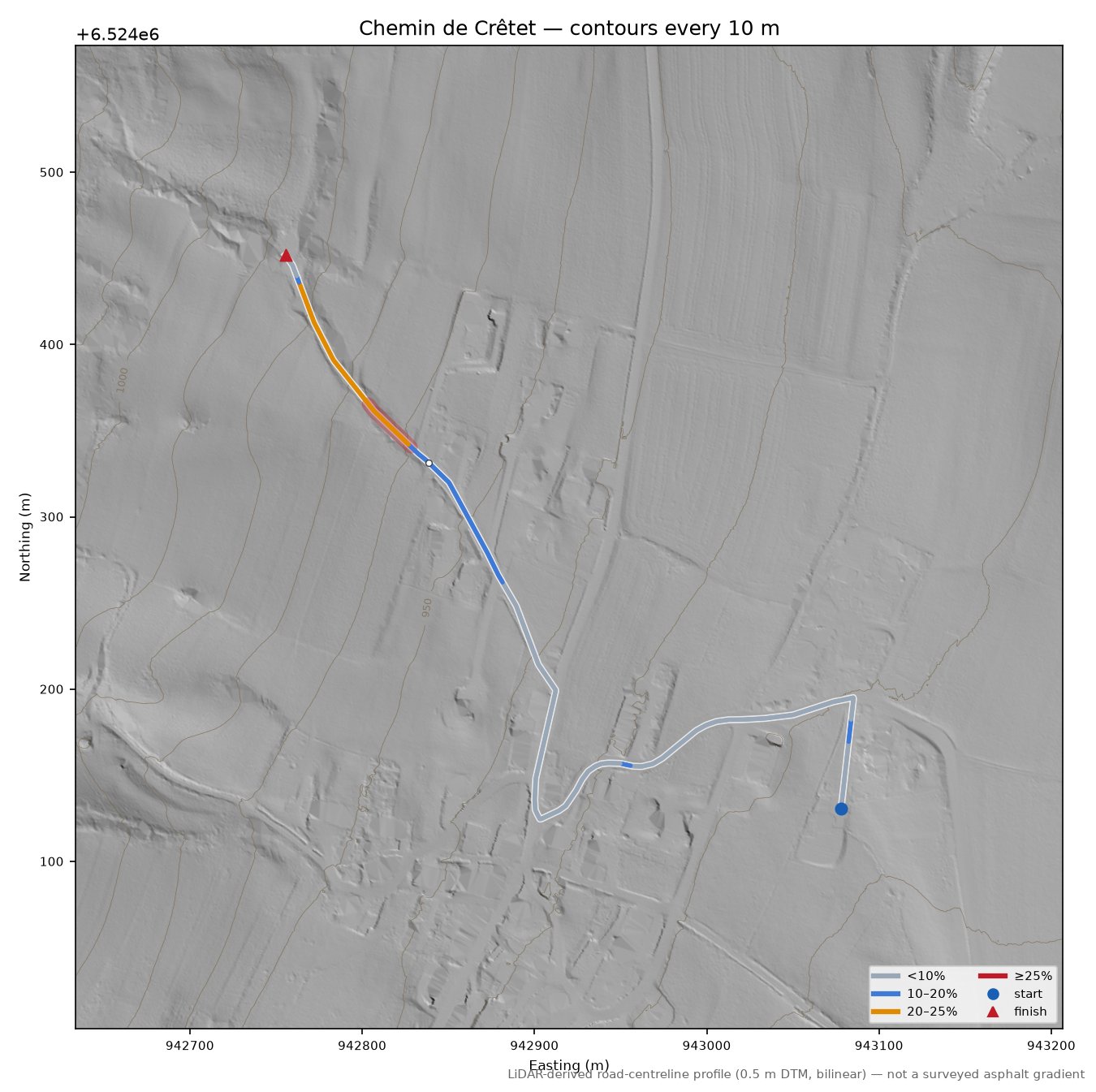 Chemin de Crêtet LiDAR hillshade map with contours