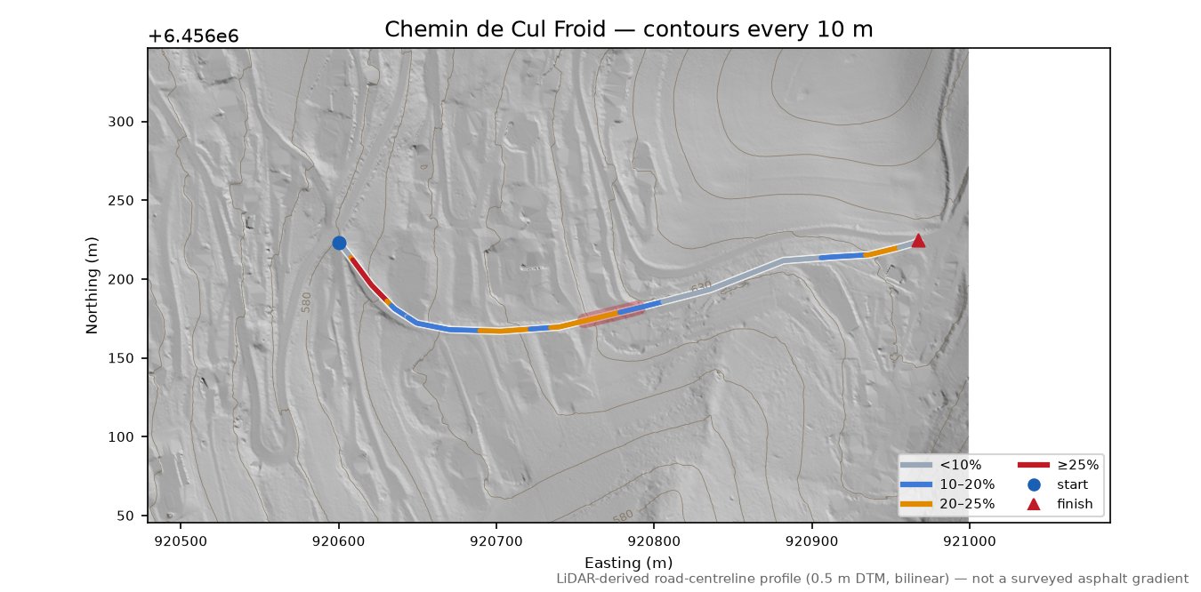 Chemin de Cul Froid LiDAR hillshade map with contours