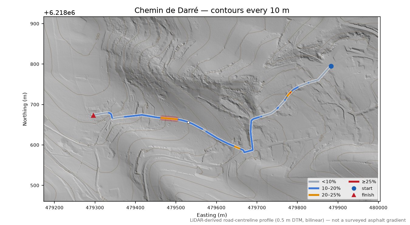 Chemin de Darré LiDAR hillshade map with contours