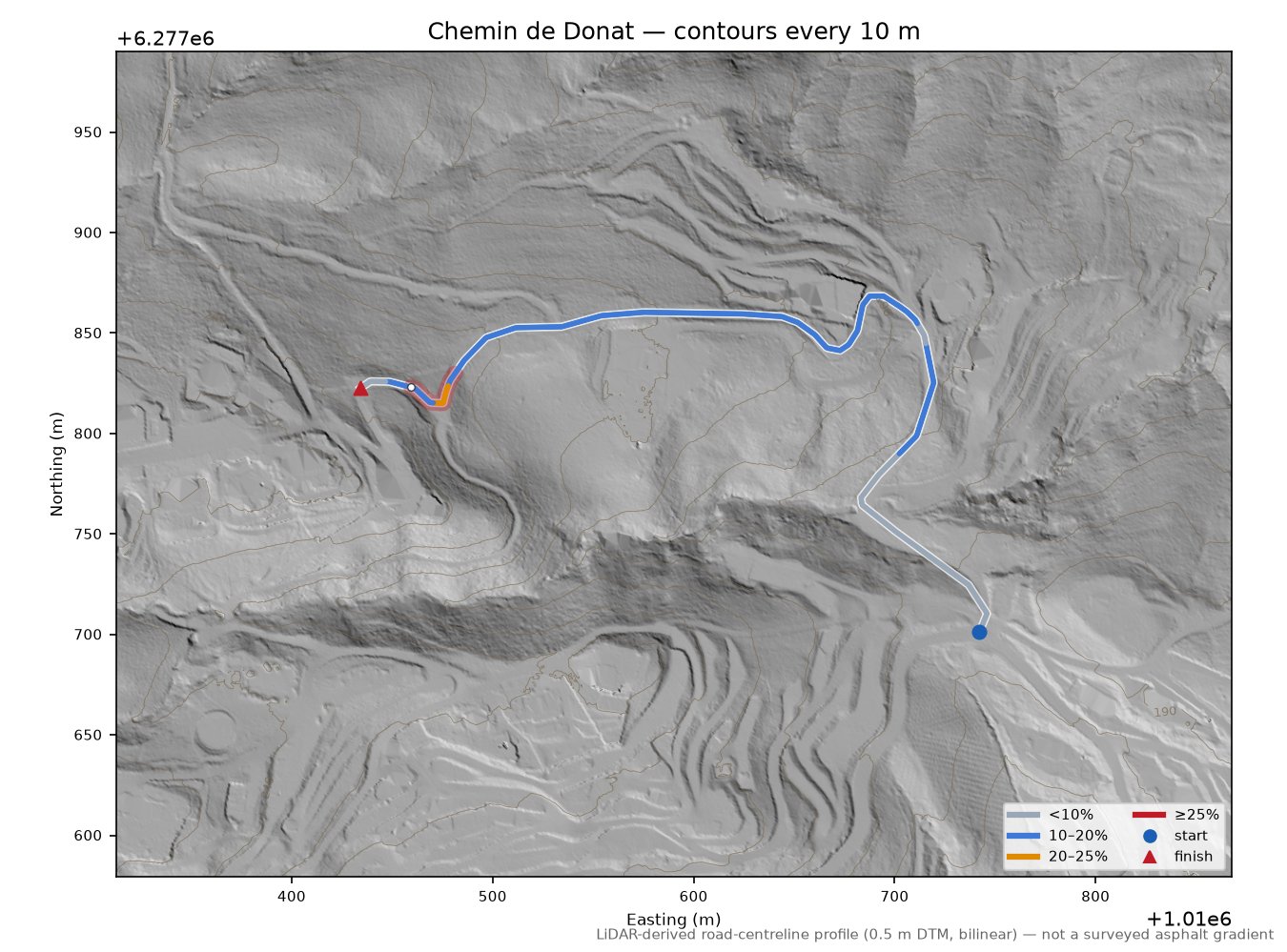 Chemin de Donat LiDAR hillshade map with contours