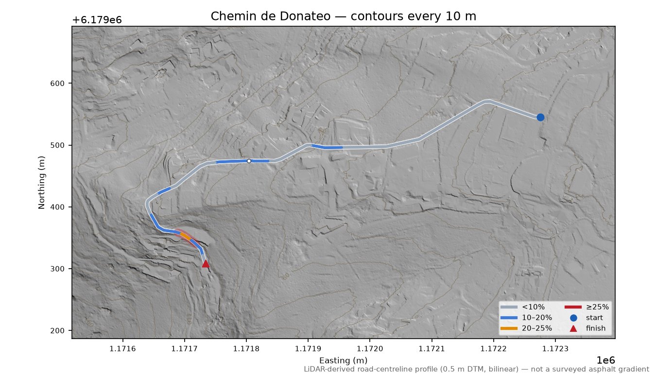 Chemin de Donateo LiDAR hillshade map with contours