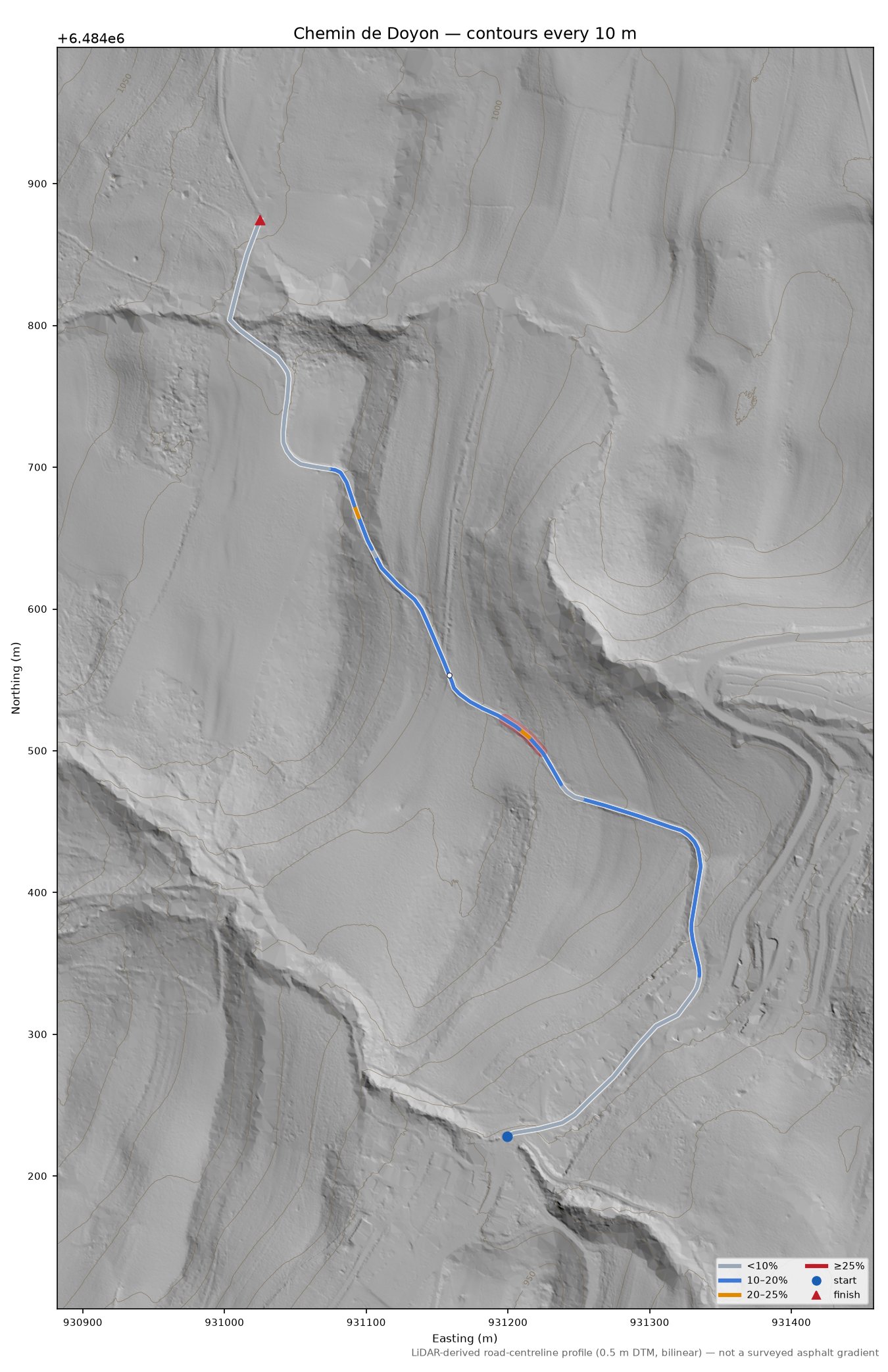 Chemin de Doyon LiDAR hillshade map with contours