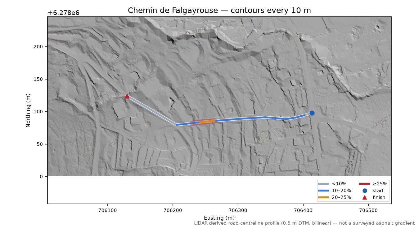 Chemin de Falgayrouse LiDAR hillshade map with contours