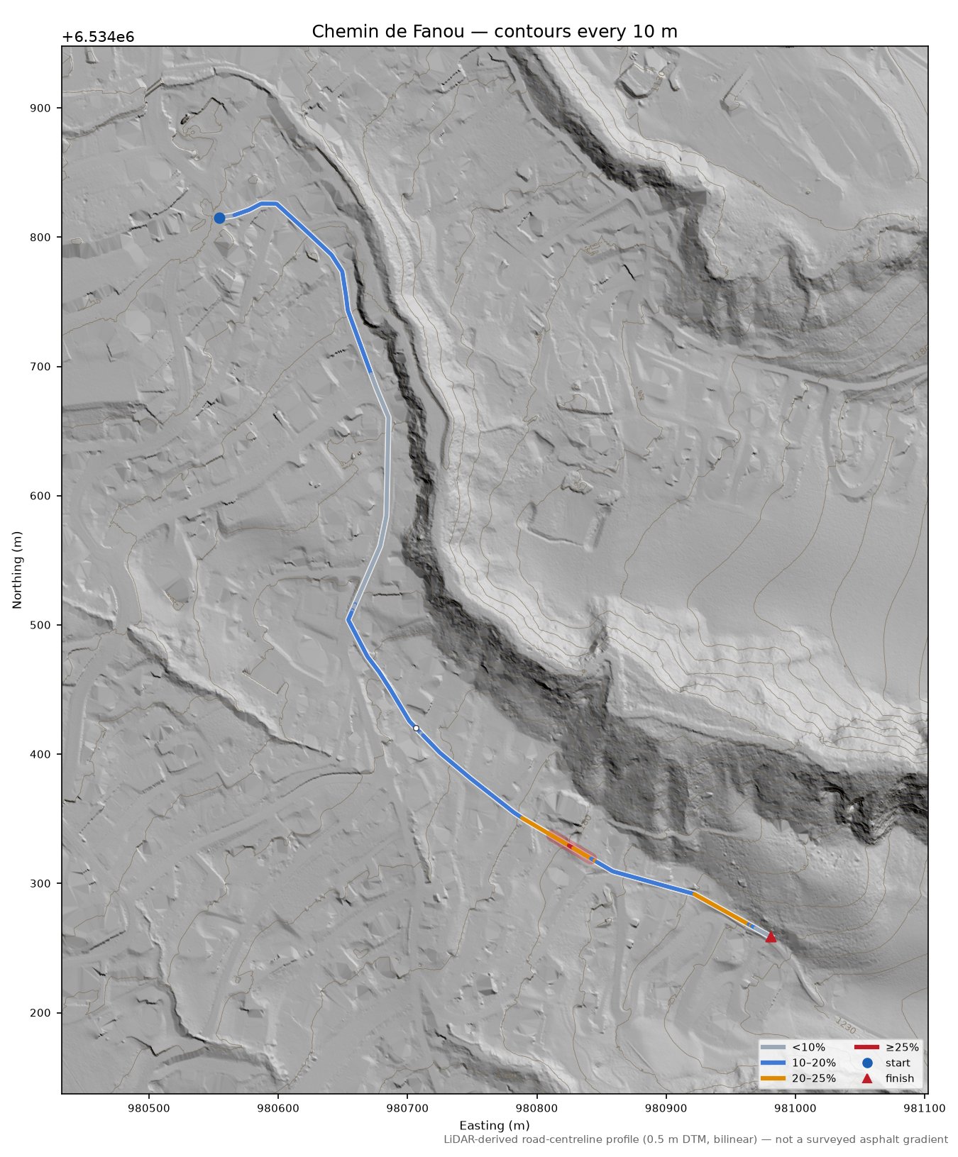 Chemin de Fanou LiDAR hillshade map with contours
