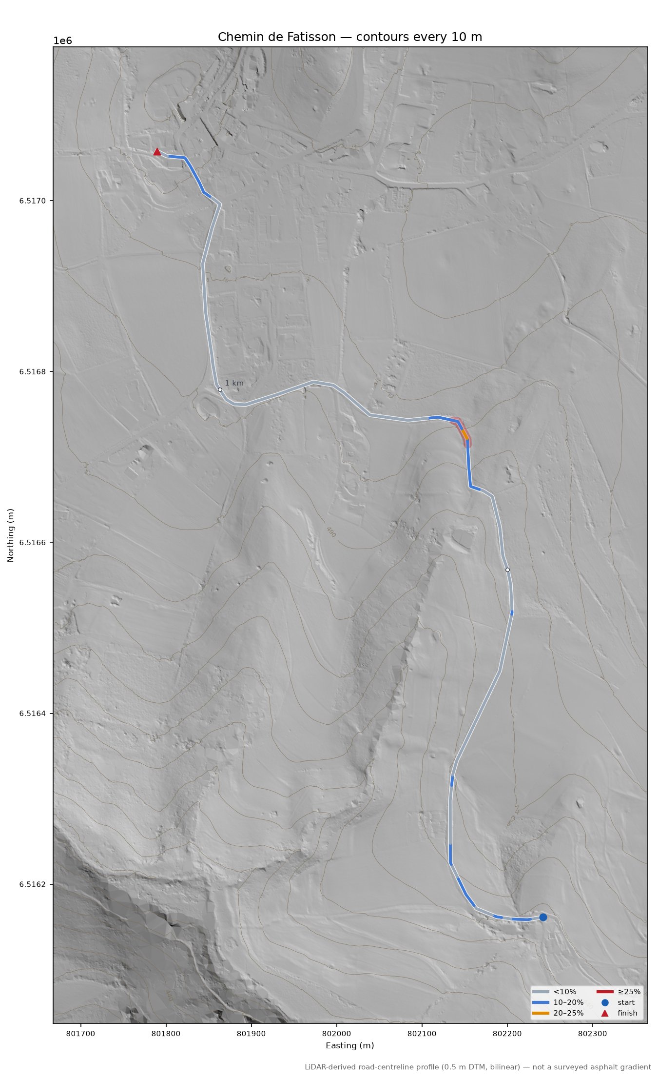 Chemin de Fatisson LiDAR hillshade map with contours