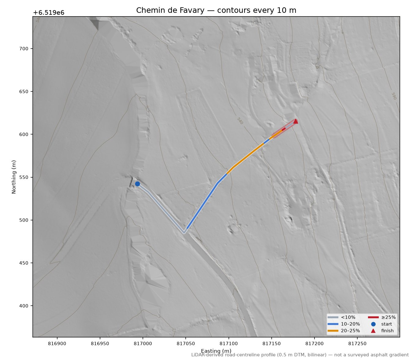 Chemin de Favary LiDAR hillshade map with contours