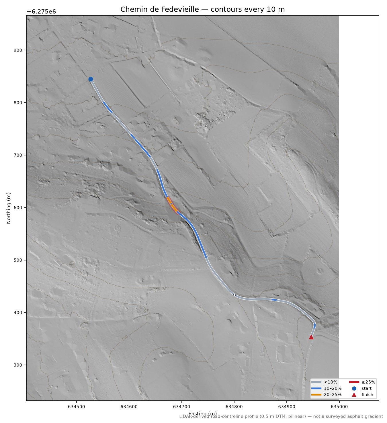Chemin de Fedevieille LiDAR hillshade map with contours