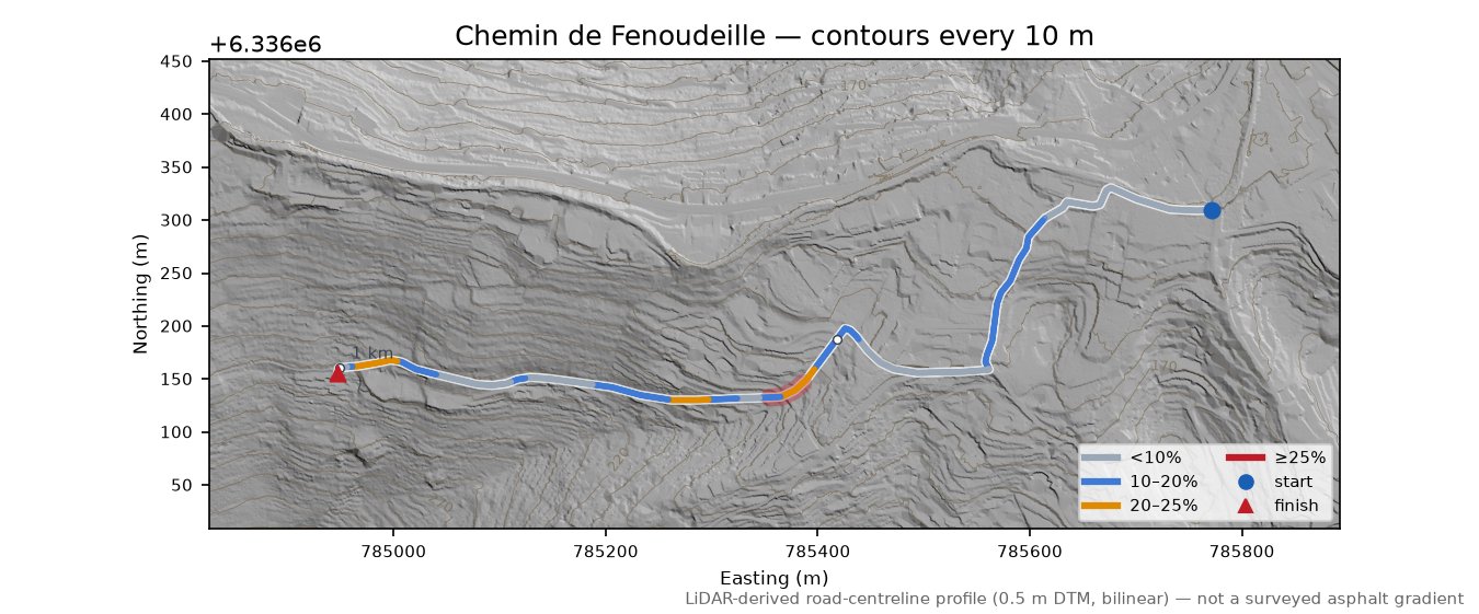 Chemin de Fenoudeille LiDAR hillshade map with contours