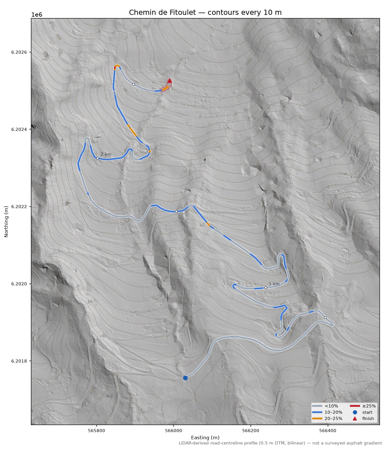 Chemin de Fitoulet LiDAR hillshade map with contours