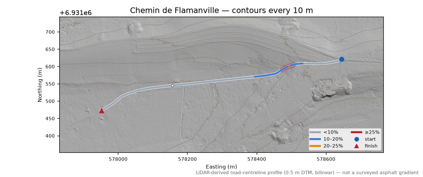 Chemin de Flamanville LiDAR hillshade map with contours