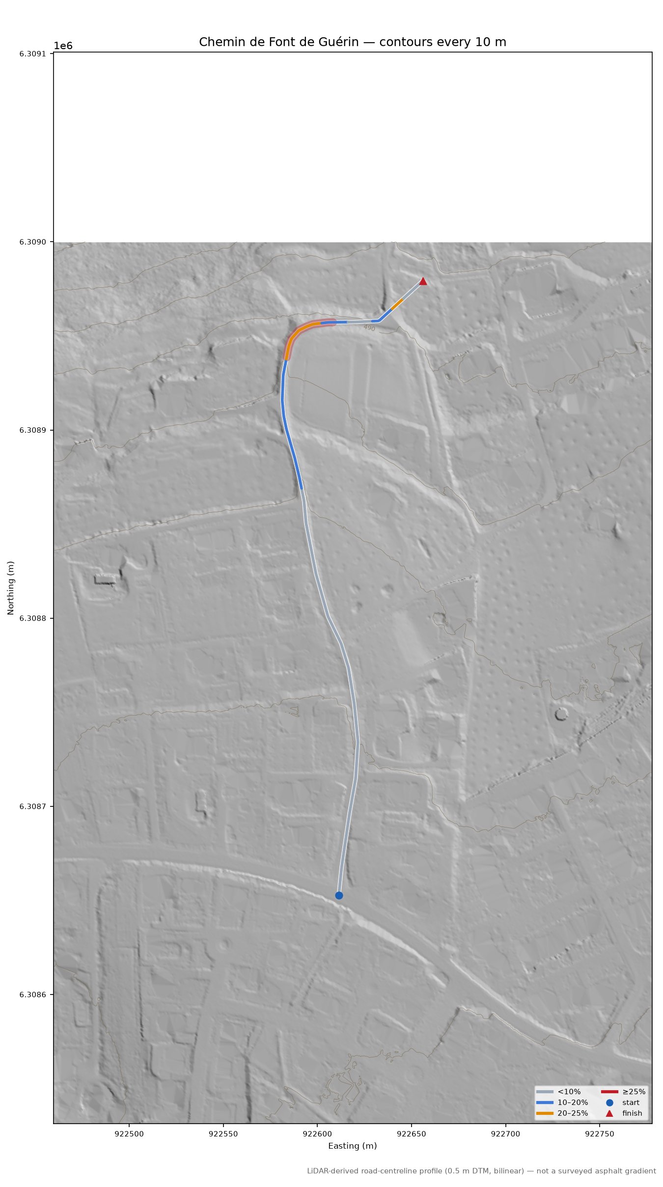 Chemin de Font de Guérin LiDAR hillshade map with contours