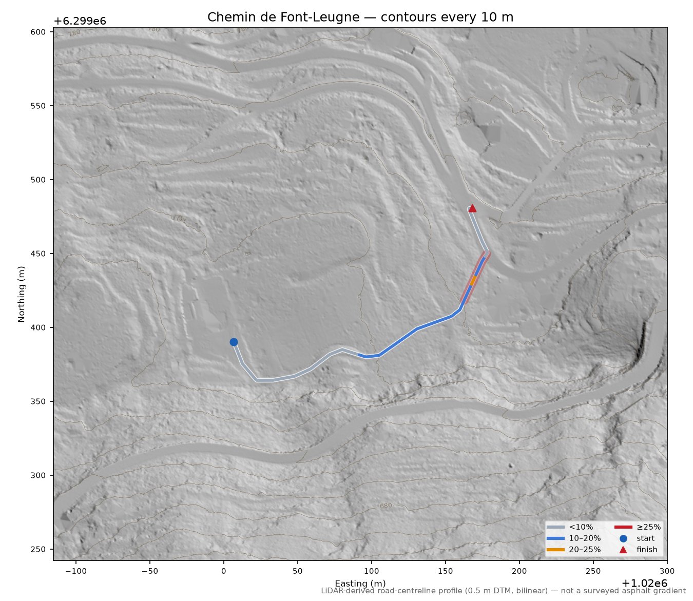 Chemin de Font-Leugne LiDAR hillshade map with contours