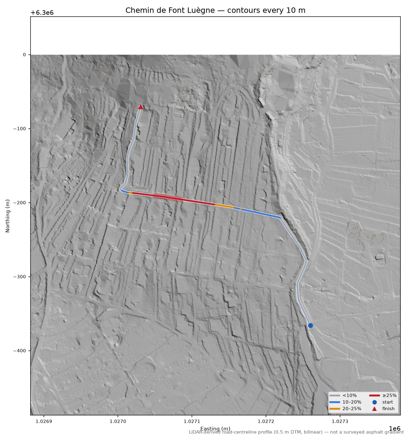Chemin de Font Luègne LiDAR hillshade map with contours