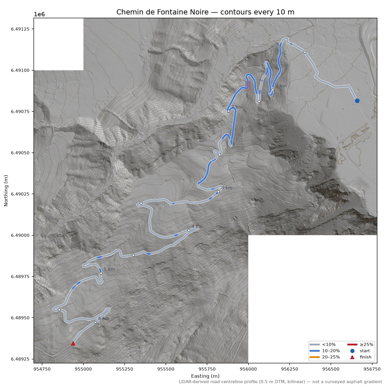 Chemin de Fontaine Noire LiDAR hillshade map with contours