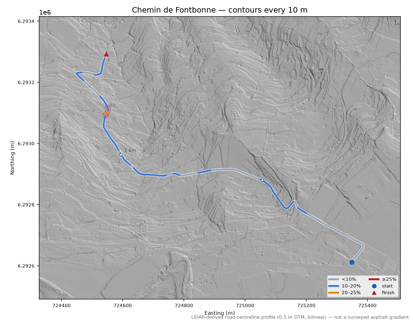 Chemin de Fontbonne LiDAR hillshade map with contours