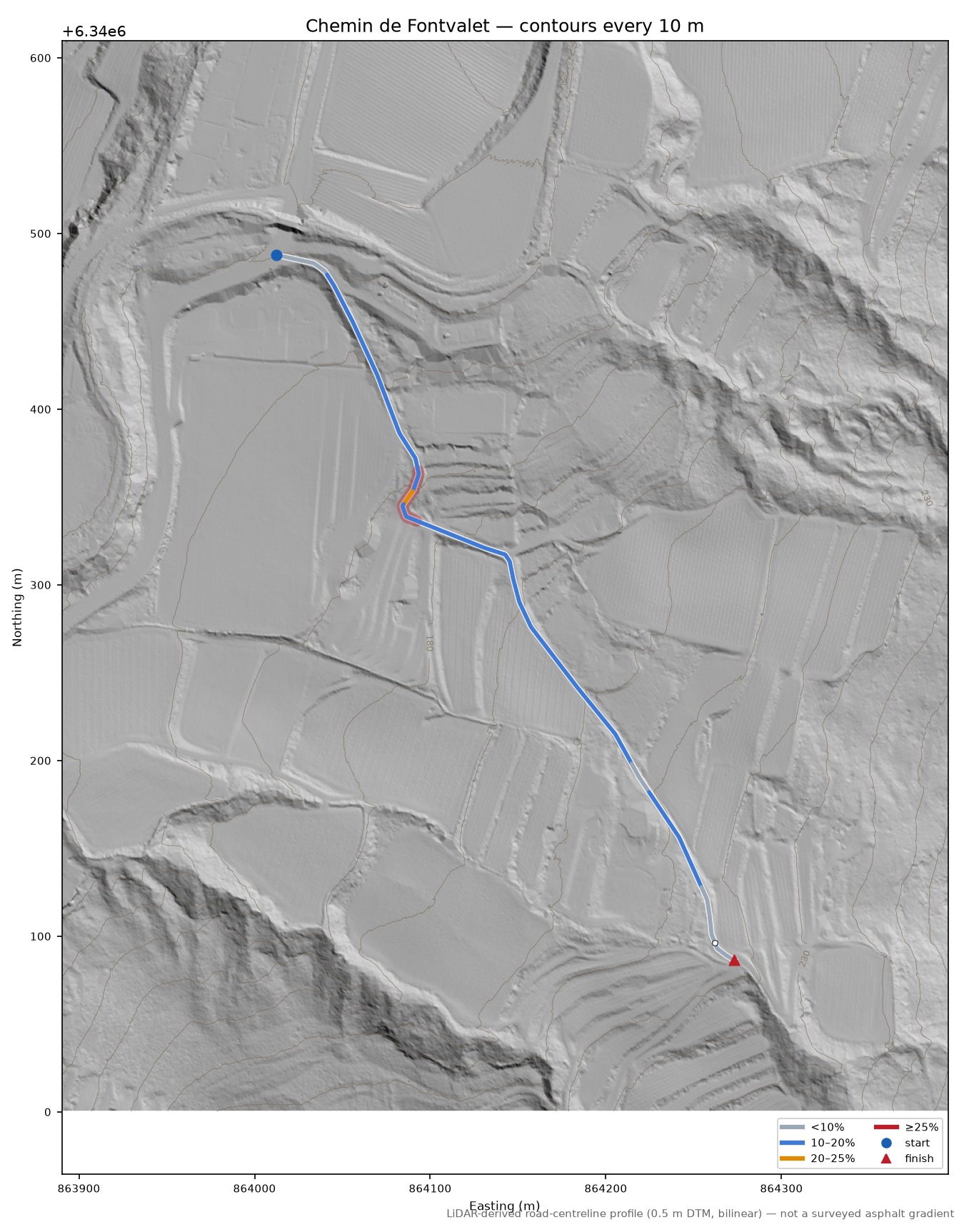 Chemin de Fontvalet LiDAR hillshade map with contours